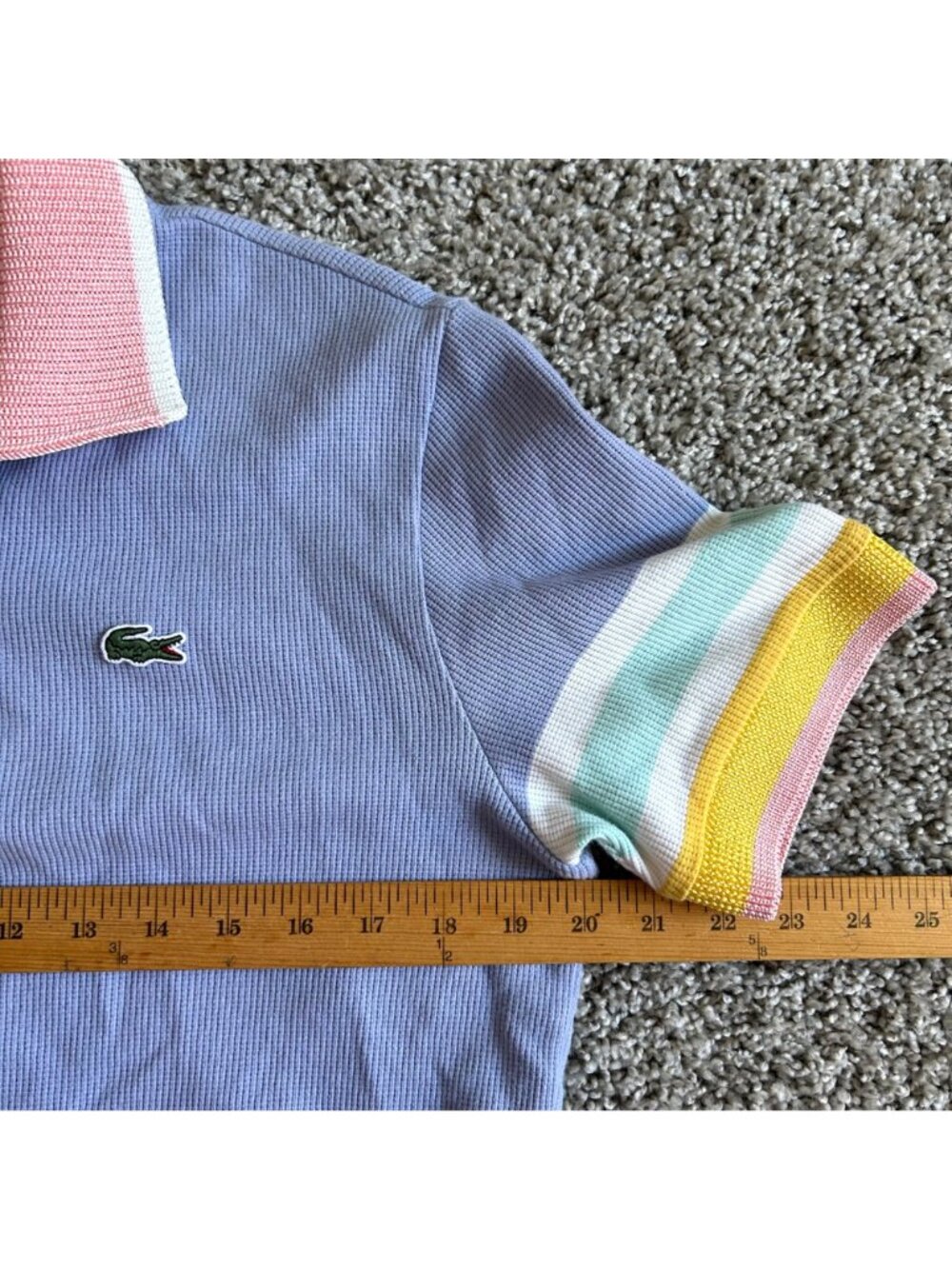 Lacoste Lavender Knit Polo with Pink Collar and Yellow Stripe - Picture 9 of 11